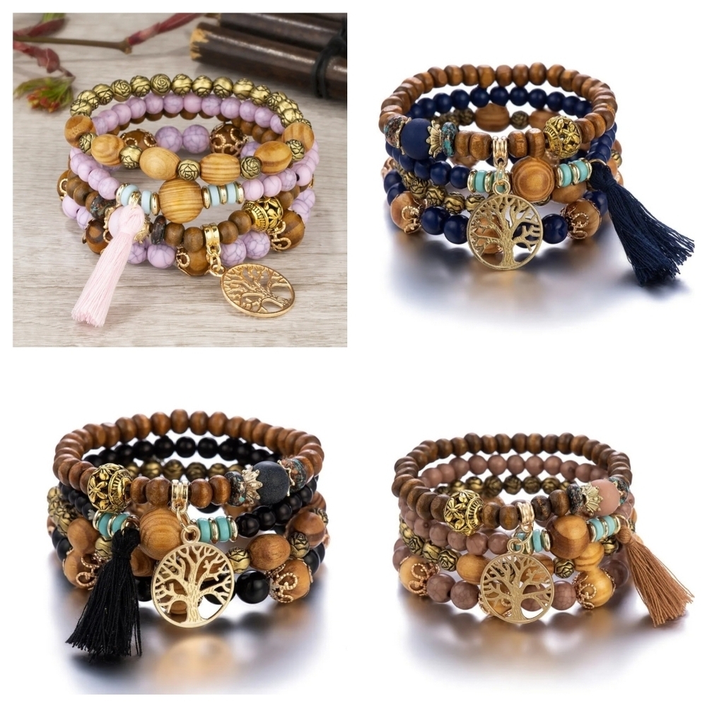 Tree Of Life Red Beaded Layered Bracelet Set Tassel Multicolor - Picture 6 of 11